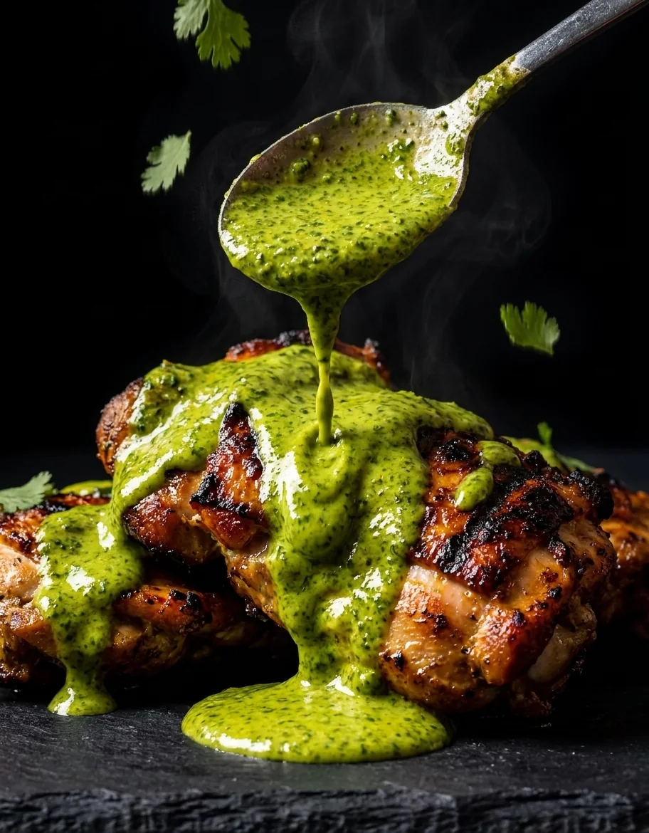 Aji verde green sauce pouring from a spoon over flame-grilled chicken