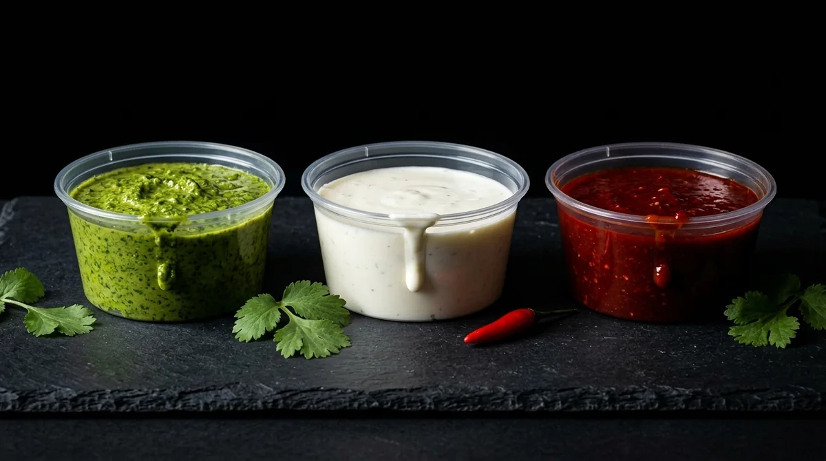 Three sauce pots: green aji verde, creamy white aji blanco, red aji rojo